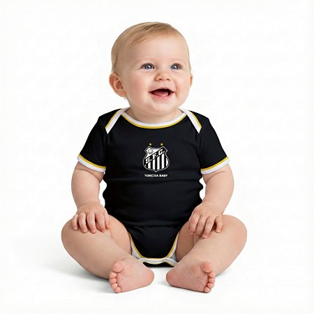 Body Bebê Santos Oficial Manga Curta Preto Torcida Baby