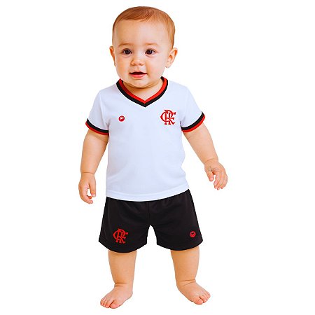 Conjunto Bebê Flamengo Uniforme Branco e Preto Torcida Baby