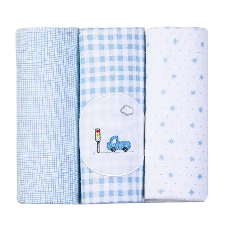 Kit Cueiro Bebê Manta Bordados Azul Carros Papi 80 x 80Cm