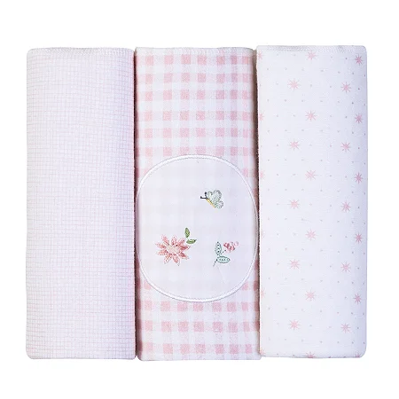 Kit Cueiro Bebê Manta Bordados Floral Rosa Papi 80 x 80Cm