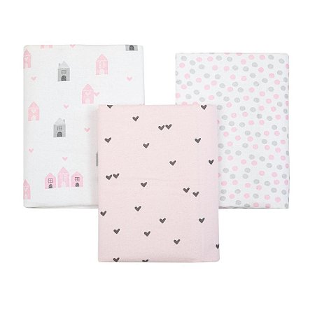 Kit Cueiro Bebê Flanelado 3 Pçs Estampa Casinha Papi 80x60cm