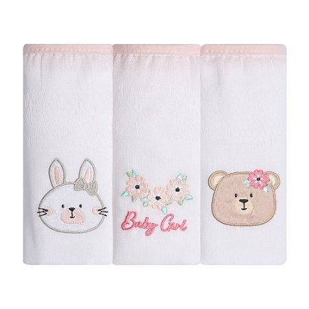 Kit Fralda Bebê 3 pçs Papi Friends Ursinha e Coelha 70x70Cm