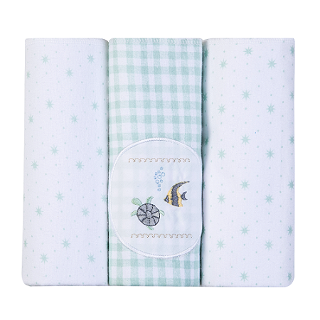 Kit Cueiro Bebê Manta Bordados Fundo do Mar Papi 80Cm x 80Cm