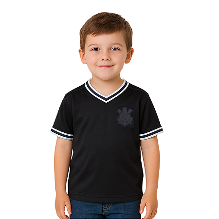 Camiseta Infantil Corinthians Preta Clássico Escudo Preto
