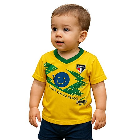 Camiseta Infantil Brasil com Escudo São Paulo Amarela