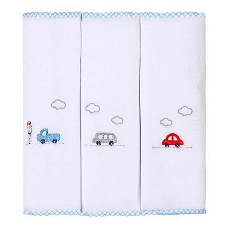 Kit Paninhos Bebê Babete Bordados Carros Papi 40x40Cm 03 Un