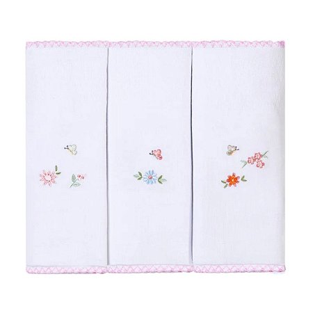 Kit Paninhos Bebê Babete Bordados Flor Papi 40x40Cm 03 Un