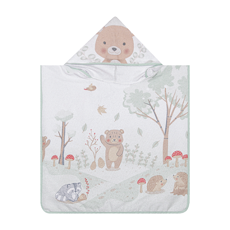 Toalha Bebê Poncho Felpuda C/ Capuz Estampa Floresta 58x58cm