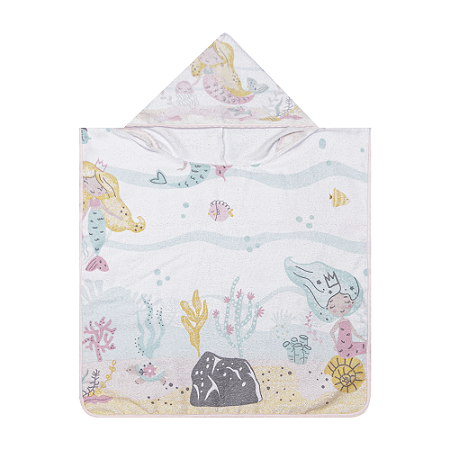 Toalha Bebê Poncho Felpuda Com Capuz Estampa Sereia 58x58cm