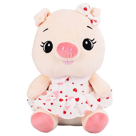 Porquinha de Pelúcia Sentada Saia Coração Vermelho 25cm