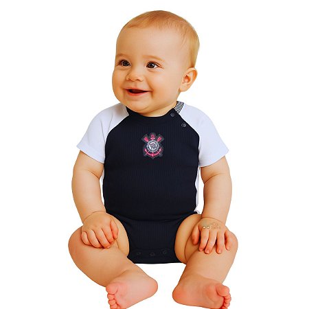 Body Bebê Corinthians Branco e Preto Camisa Jogo 2 Oficial
