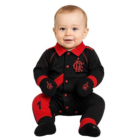 Macacão Bebê Goleiro Com Luvas Flamengo Rubro Negro Oficial