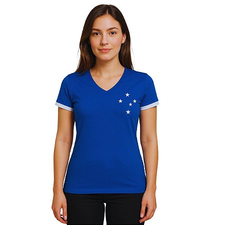 Camiseta Cruzeiro Baby Look Feminina Azul Gola V Oficial