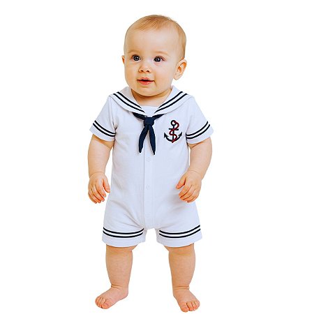 Macacão Bebê Marinheiro Branco Manga Curta 100% Algodão