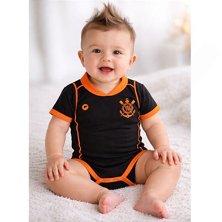 Body Bebê Corinthians Preto Laranja Jogo Torcida Baby