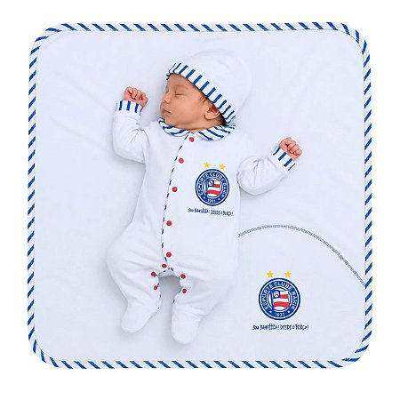 Kit Bebê Saída de Maternidade Bahia Macacão Gorro e Manta