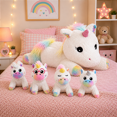 Pelúcia Unicórnio Kit Mãe Com 4 Filhotes 34cm