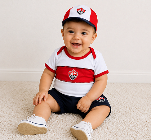 Conjunto Curto Vitória Kit Bebê Body Shorts e Boné Oficial