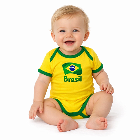 Body Bebê do Brasil Amarelo Manga Curta Torcida Baby
