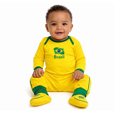 Uniforme Bebê Brasil Longo Conjunto Com Body Calça e Pantufa