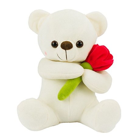 Urso de Pelúcia Branco Sentado Segurando Rosa 22cm