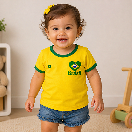 Camiseta Brasil Amarela Bebê Infantil Baby Look Feminina