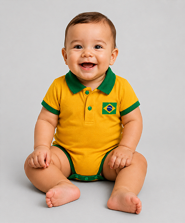 Body Bebê do Brasil Polo Verde e Amarelo Manga Curta