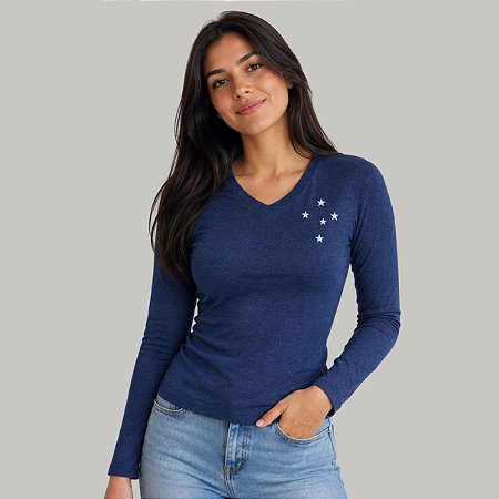 Camisa Cruzeiro Adulto Feminina Manga Longa Azul Oficial