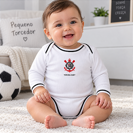 Body Corinthians Manga Longa Branco Canelado Oficial