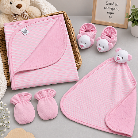 Kit Presente Bebê Com 4 Pçs Dupla Face Listrado Rosa Zip