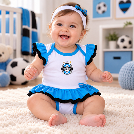 Body Saia Bebê Grêmio Com Tiara 100% Algodão Oficial