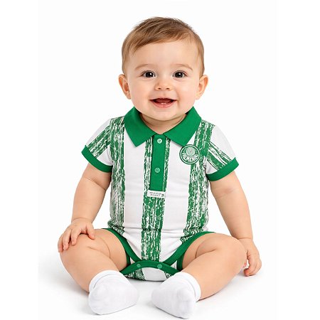 Body Bebê Palmeiras Manga Curta Listras Verdes Oficial