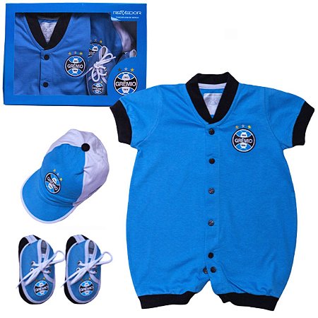 Kit Bebê Grêmio Com 3 Pçs Macacão Boné e Sapatinho Oficial