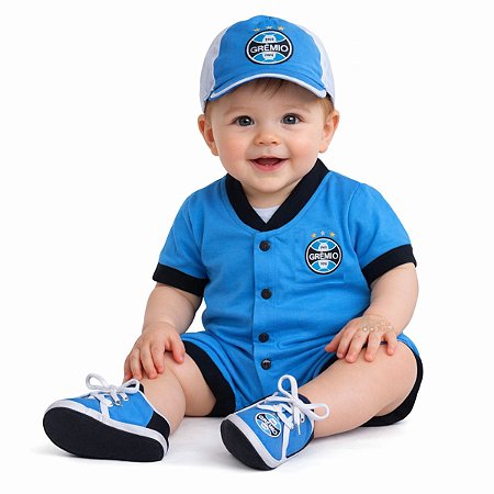 Uniforme Bebê Grêmio 3 Pçs Macacão Boné e Sapatinho Oficial