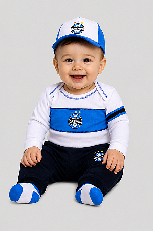 Conjunto Bebê Grêmio Longo Kit Com Body Calça e Boné Oficial
