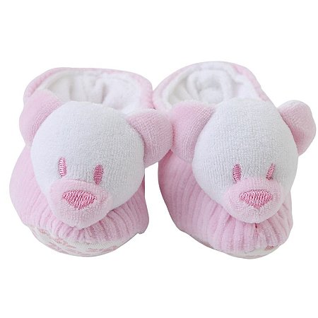 Pantufa Bebê Urso Rosa em Cotelê Zip