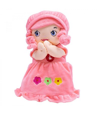 Boneca De Pano Que Reza Vestido Rosa 24cm