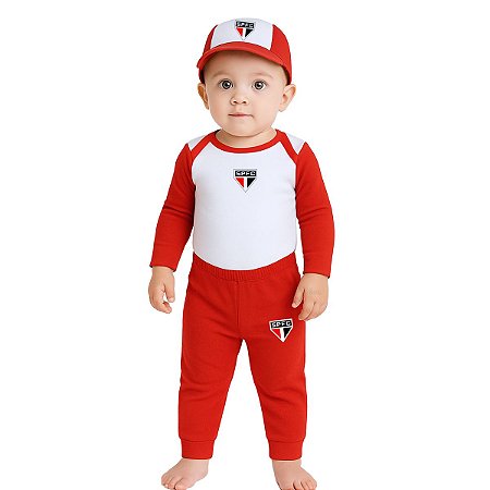 Kit Bebê São Paulo Conjunto Com Body Calça e Boné Oficial