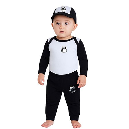Kit Bebê Santos Conjunto Com Body Calça e Boné Oficial