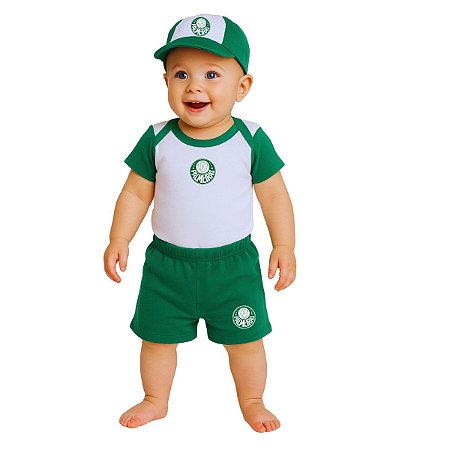 Kit Bebê Palmeiras Conjunto Com Body Shorts e Boné Oficial