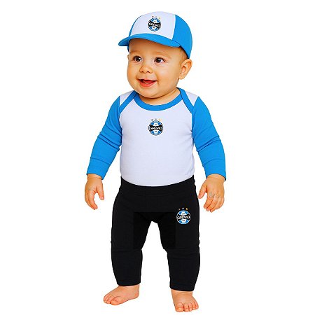 Kit Bebê Grêmio Conjunto Com Body Calça e Boné Oficial