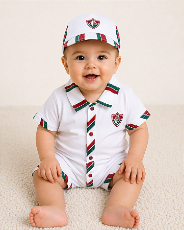 Macacão Bebê Fluminense Curto com Boné Oficial