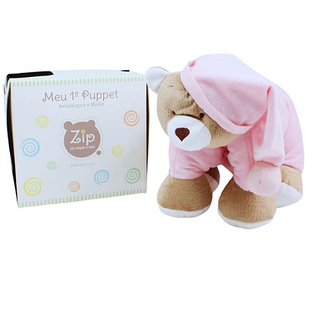 Meu 1° Puppet Urso Nino Pelúcia Rosa Zip
