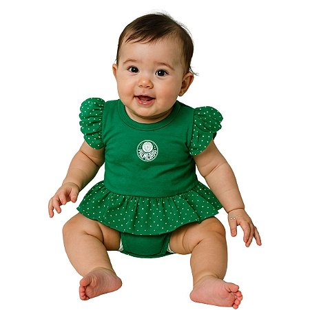 Body Vestido Bebê Palmeiras Verde Bolinhas Brancas Oficial