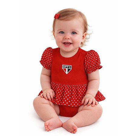 Body Vestido Bebê São Paulo FC Vermelho Babado Poá Oficial