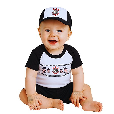 Conjunto Bebê Corinthians Body Shorts e Boné Oficial