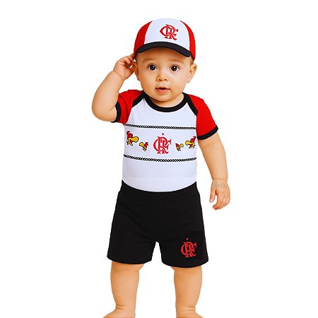 Conjunto Bebê Flamengo Body Shorts e Boné Oficial