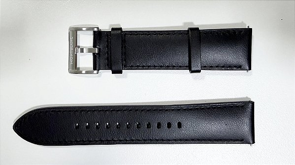 PULSEIRA COURO LISO 20/21 MM COMPLETA COM FECHO EM AÇO E PINOS FIXO NA COR PRETA ORIGINAL MONTBLANC PARA RELÓGIOS
