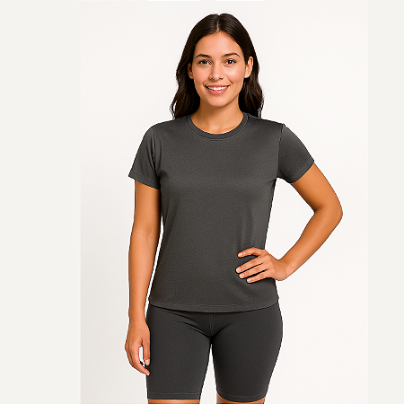 Baby Look Manga Curta Lisa Sport Dry Cinza Chumbo