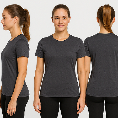 Baby Look Manga Curta Lisa Sport Dry Cinza Chumbo